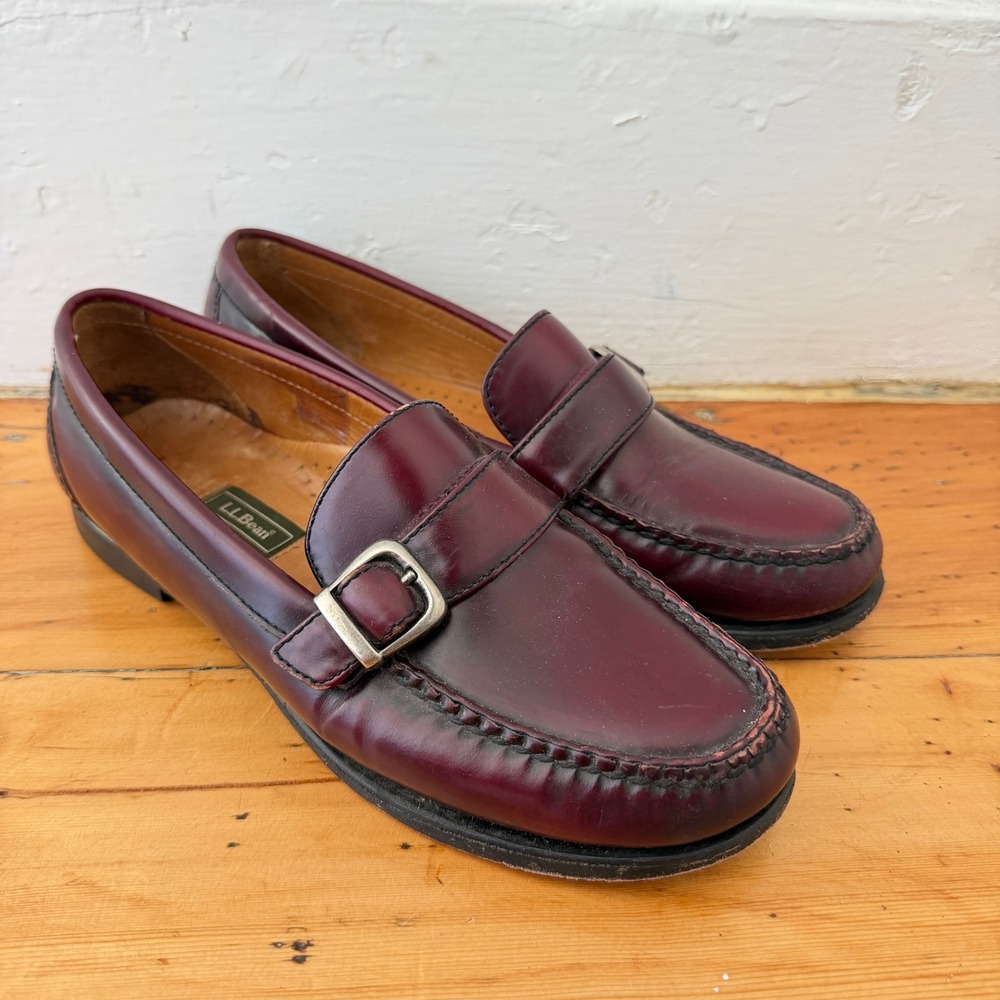 VTG LL Bean Oxblood Leather Penny Loafers Handsewn Moc Toe Preppy 7.5